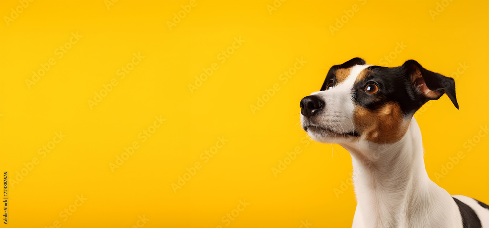 Portrait of a Jack Russell Terrier dog on a yellow background, copy space. Portrait of a Jack Russell Terrier dog on a yellow background, copy space.