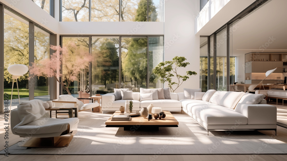 a modern living room with contemporary furniture and a large windows that provide a view to the outside. 