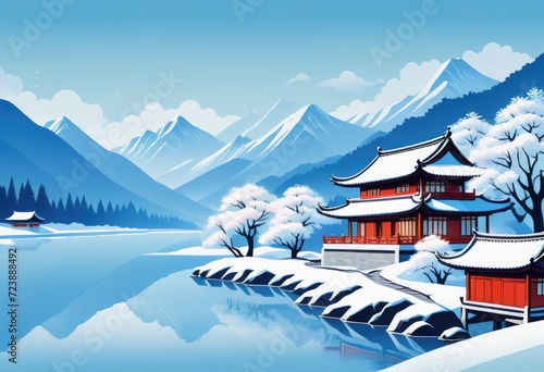 Wallpaper Mural a winter scene with snow-covered trees, house on background with snowflakes falling from sky by ai generated Torontodigital.ca