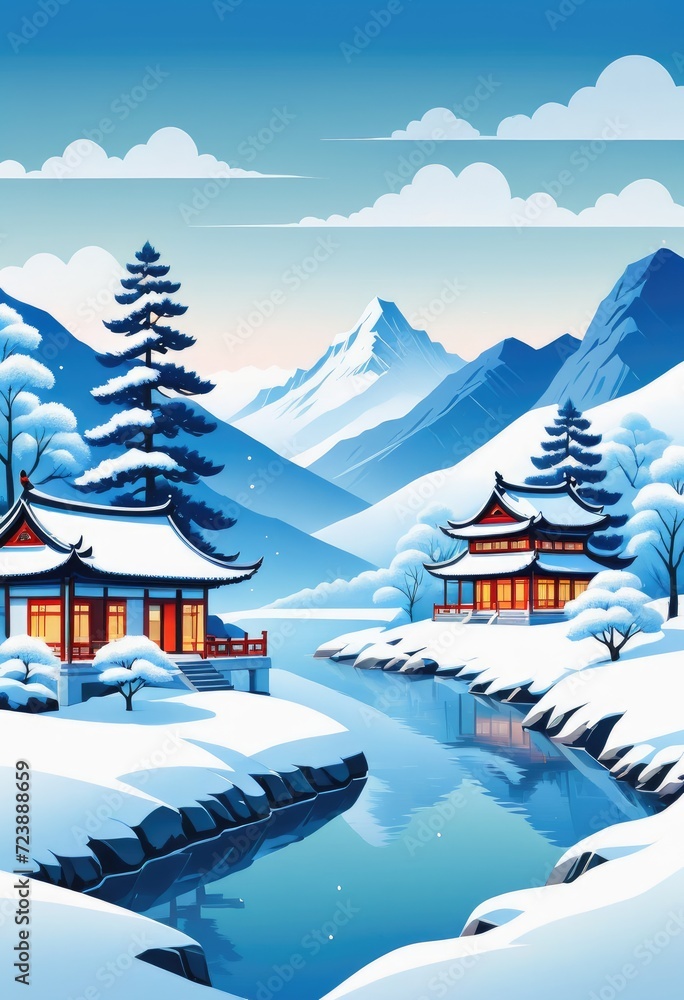 Fototapeta premium a winter scene with snow-covered trees, house on background with snowflakes falling from sky by ai generated
