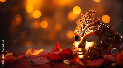 Golden carnival mask with red leaves on bokeh background.