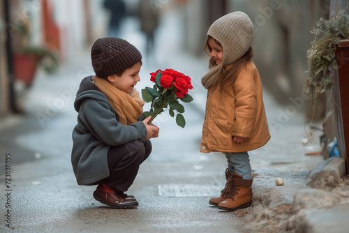 Adorable boy is giving a bouquet of red roses to a little girl on the street
