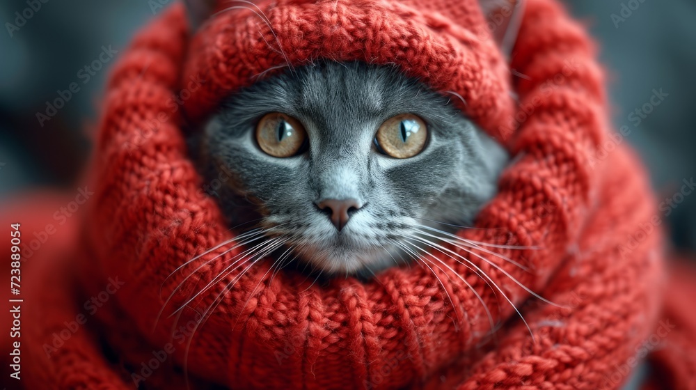 Close-up portrait of a cute domestic cat wearing a colorful knitted sweater and a charming hat, looking cozy and ready for the winter season, creating a heartwarming and adorable image. Close-up portrait of a cute domestic cat wearing a colorful knitted sweater and a charming hat, looking cozy and ready for the winter season, creating a heartwarming and adorable image.