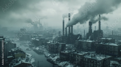 Dark atmospheric industrial pollution image with thick, toxic smoke billowing from factory chimneys, contributing to environmental damage and air pollution, creating a gloomy and hazardous scene.
