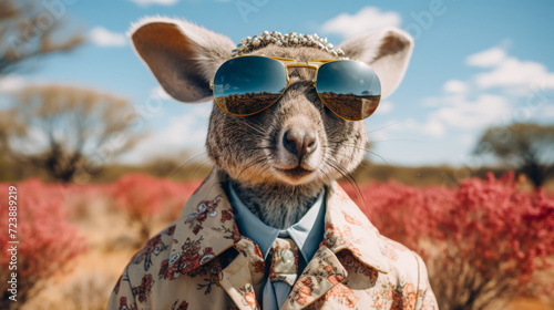 Visualize a debonair kangaroo in a tailored safari suit, accessorized with a pith helmet and binoculars. Amidst a backdrop of savannah grasslands, it exudes explorer charm and safari sophistication. T photo