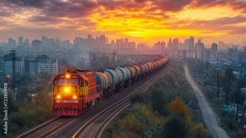 A train transporting tank cars filled with petroleum products for the extraction and transportation of oil through rail network. This industrial scene depicts the logistics of oil distribution.