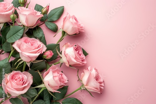 Pink roses in a beautiful bouquet on a table  a lovely floral arrangement for Valentine s Day or a wedding gift