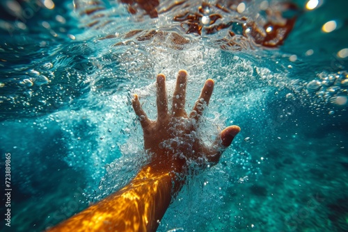 A person's hand reaching out in desperation as they drown in the sea, depicting the dangers of ignoring swimming safety measures and the need for water safety awareness.