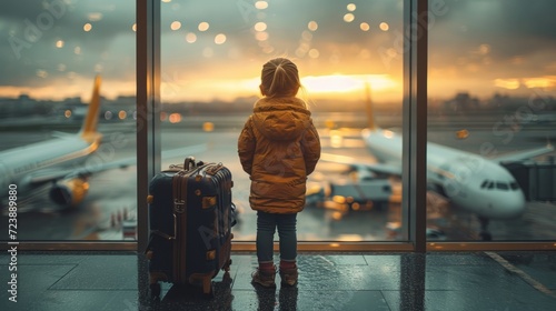 With a sense of anticipation, a child stands at the airport terminal, mesmerized by the sight of planes touching down, dreaming of their own upcoming journey © Dmitry