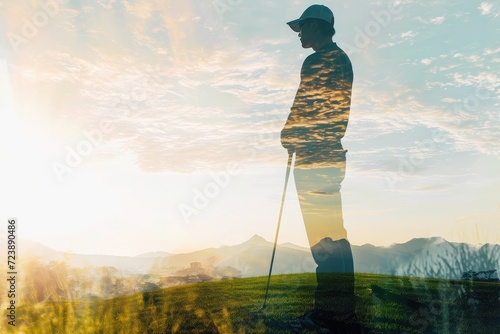 Golfer with a golf club in his hands. Double explosure