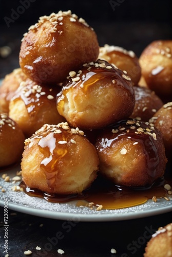 Deep-fried dough balls drizzled with honey or syrup by ai generated