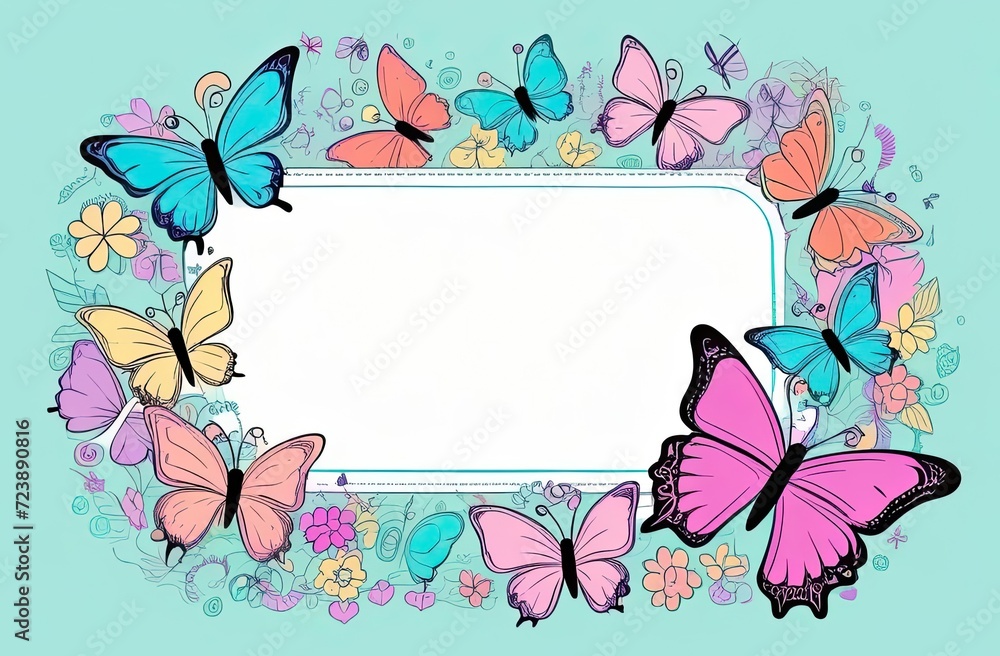 Illustration of pastel colors frame with free place for text made from lot of spring butterflies. Greeting card for spring holidays. Template for Birthday, Women's Day, Mother's Day. Floral picture.