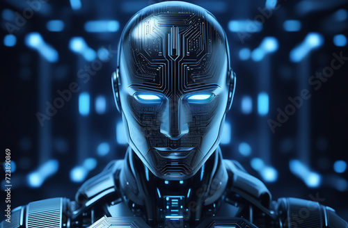 AI face of cyber mind. Human head cyborg with digital brains