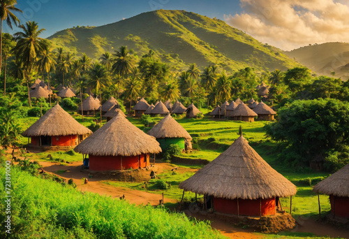 a panoramic view of a traditional ethiopian village. 8k, realstic, colorful, vibrant image photo