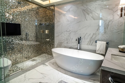 Luxurious bathroom with intricate marble tile accents on walls and floors.