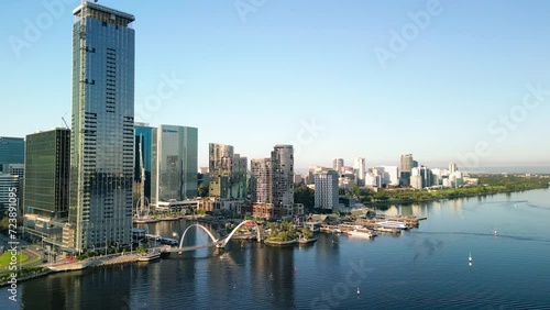 Aerial view of Perth skyline at sunset from Swan River