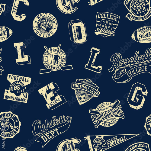 College athletic department sporting badges patchwork vintage vector seamless pattern for boy kids fabric grunge effect in separate layer