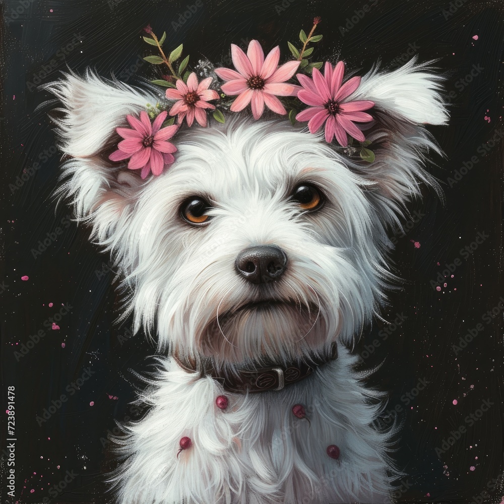 white dog with a wreath of pink flowers on her head with big green eyes on a pastel black background