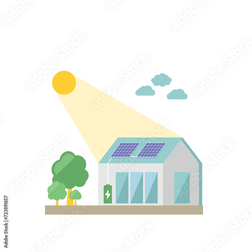 Vector illustration of energy efficiency concept, home with solar pannels. Flat style.