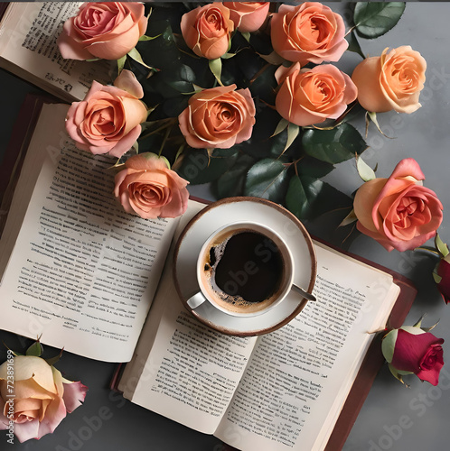 tavolo con libri, rose e caffè,