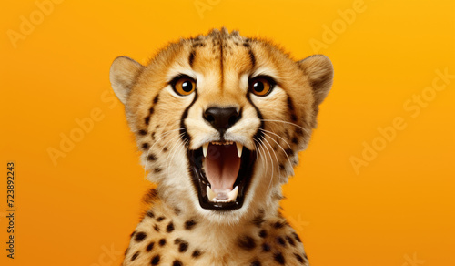 Portrait of a Cheetah showing his teeth. Open mouth. Orange background