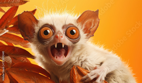 Portrait of a Tarsius monkey showing his teeth. Open mouth. Orange background photo