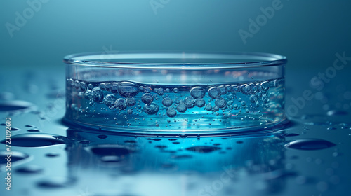 Glass jar/Petri dish with blue liquid in front of studio background (AI generated)