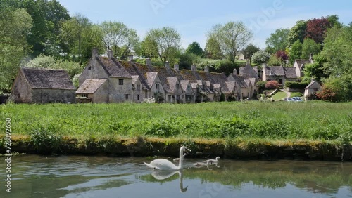 White Swans swimming in front of old village Bibury in England