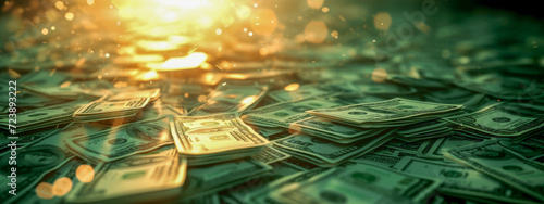 Money abundance captured with warm glowing light symbolizing wealth.

 photo