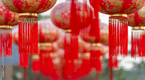 The red lanterns decorated in chinese new year festival at chinatown area.