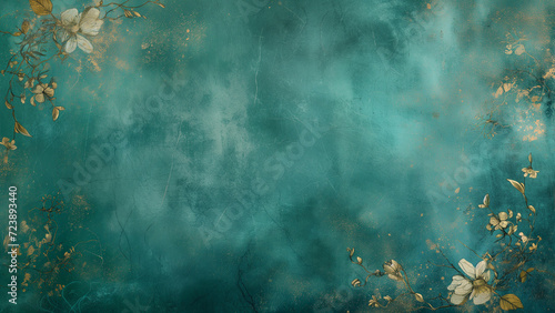 Teal Tranquility: Fine Art Texture Overlay with Golden Floral Accents photo