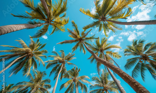 bottom view of coconut trees. clear sky. bellow beach tree. © Lucianastudio