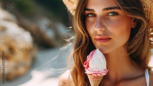 Woman wearing straw hat enjoying ice cream cone. This picture can be used to depict summertime, relaxation, or indulgence in sweet treat