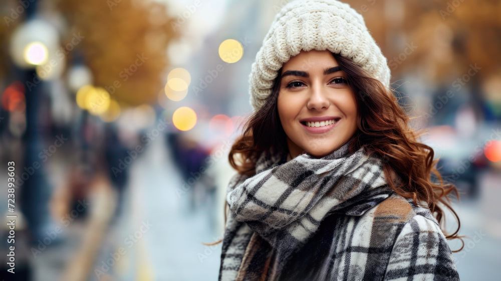 Woman is pictured wearing hat and scarf while walking on city street. This image can be used to depict cold weather fashion or urban lifestyle Woman is pictured wearing hat and scarf while walking on city street. This image can be used to depict cold weather fashion or urban lifestyle