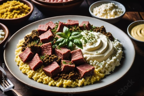 Finely minced raw beef mixed with spiced butter and herbs, often served with cottage cheese by ai generated
