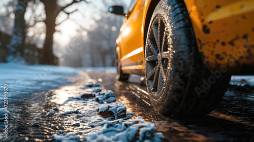 Detailed view of car tire on snowy road. Suitable for winter driving and road safety concepts © vefimov