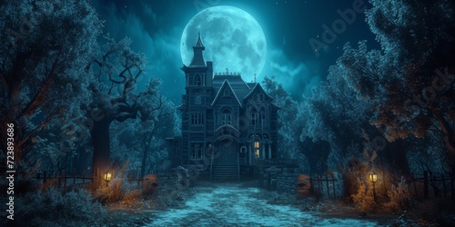 A 3D Halloween Scene With A Spooky House And Eerie Moonlit Street.   oncept Haunted Forest With Wandering Spirits  Harvest Festival With Pumpkin Carving  Autumn Sunset Engagement Shoot