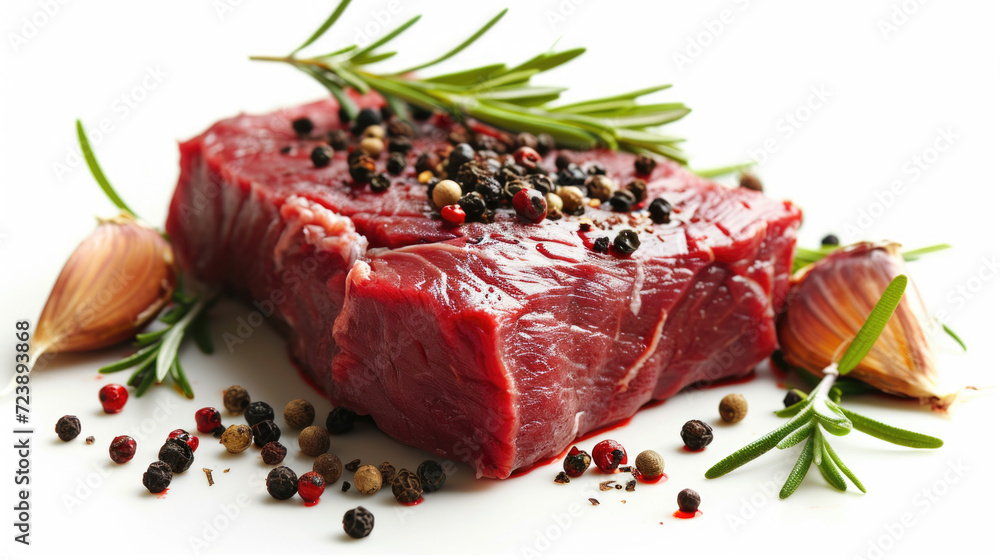 Piece of meat seasoned with spices and garnished with sprig of rosemary. Suitable for cooking or recipe illustrations Piece of meat seasoned with spices and garnished with sprig of rosemary. Suitable for cooking or recipe illustrations