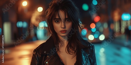 A City Night Sets The Stage For A Confident Brunette, Radiating Rock Star Vibes In A Leather Jacket. Сoncept Mysterious Nighttime Cityscape, Confident Brunette, Rock Star Attitude