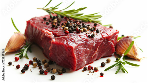 Piece of meat seasoned with spices and garnished with sprig of rosemary. Suitable for cooking or recipe illustrations