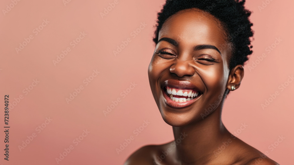 Obraz premium Woman with warm smile on her face, her eyes closed in moment of pure joy. This picture can be used to depict happiness, relaxation, and contentment