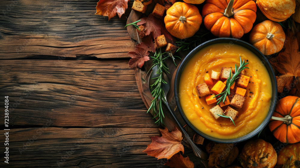 Bowl of delicious pumpkin soup surrounded by small pumpkins. Perfect for cozy autumn evenings.
