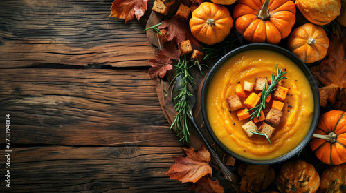 Bowl of delicious pumpkin soup surrounded by small pumpkins. Perfect for cozy autumn evenings.