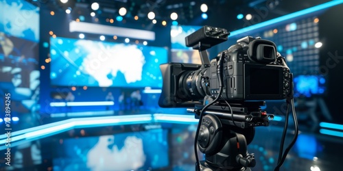 A Tv Camera Ready For Live News Broadcast With Professional Setup. Сoncept Tv Camera Setup, Live News Broadcast, Professional Equipment, On-Air Ready, Studio Production photo