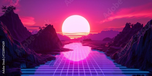 A Vibrant Blend Of 80S And 90S Nostalgia, Featuring Neon Colors And A Cyberpunk Sunset Landscape. Сoncept 80S Nostalgia, 90S Nostalgia, Neon Colors, Cyberpunk Sunset Landscape photo