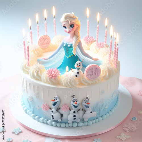 birthday cake with candles with white background , fozen elsa in top photo