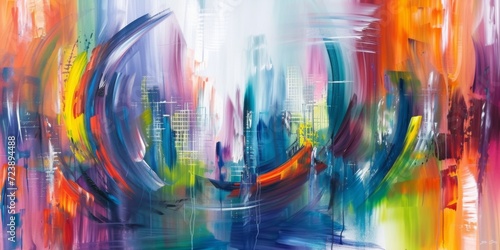 Abstract Painting Of Vibrant Cityscape Created With Swirling Brush Strokes. Сoncept Abstract Art, Vibrant Cityscape, Swirling Brush Strokes, Colorful Painting