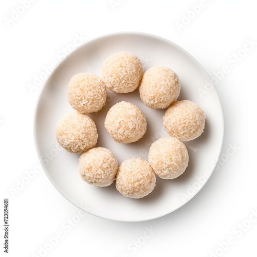Laddu white plate top view isolated on white background