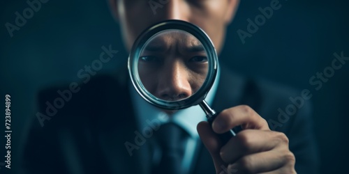 Businessman With A Magnifying Glass Searches For A Solution In The Corporate World. Сoncept Corporate Problem Solving, Strategic Decision Making, Business Solutions, Entrepreneurial Vision photo