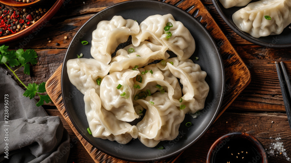 Plate of delicious dumplings placed on rustic wooden table. Perfect for food blogs and restaurant menus Plate of delicious dumplings placed on rustic wooden table. Perfect for food blogs and restaurant menus
